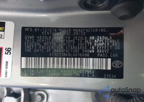 2020 Toyota Camry Le Awd z USA, uszkodzony, nr VIN 4T1C11BK8LU016096